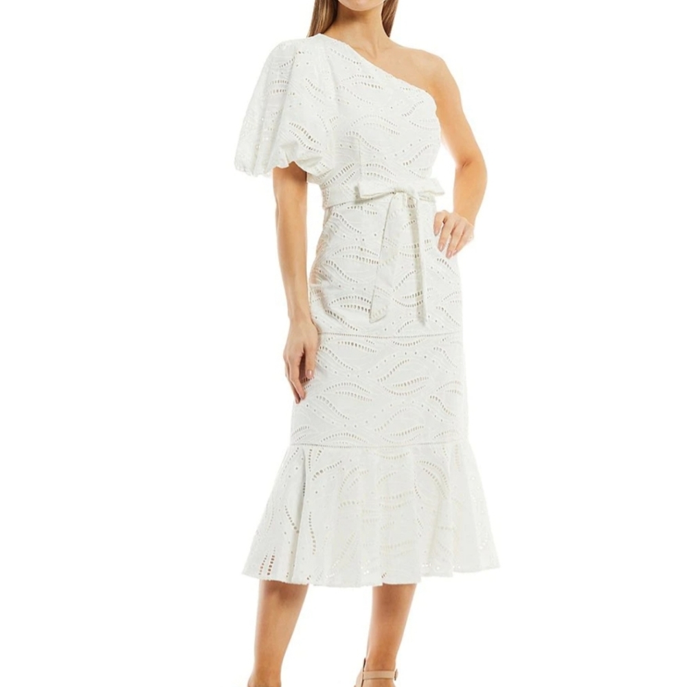 One Shoulder Short Puff Sleeve Eyelet Dress